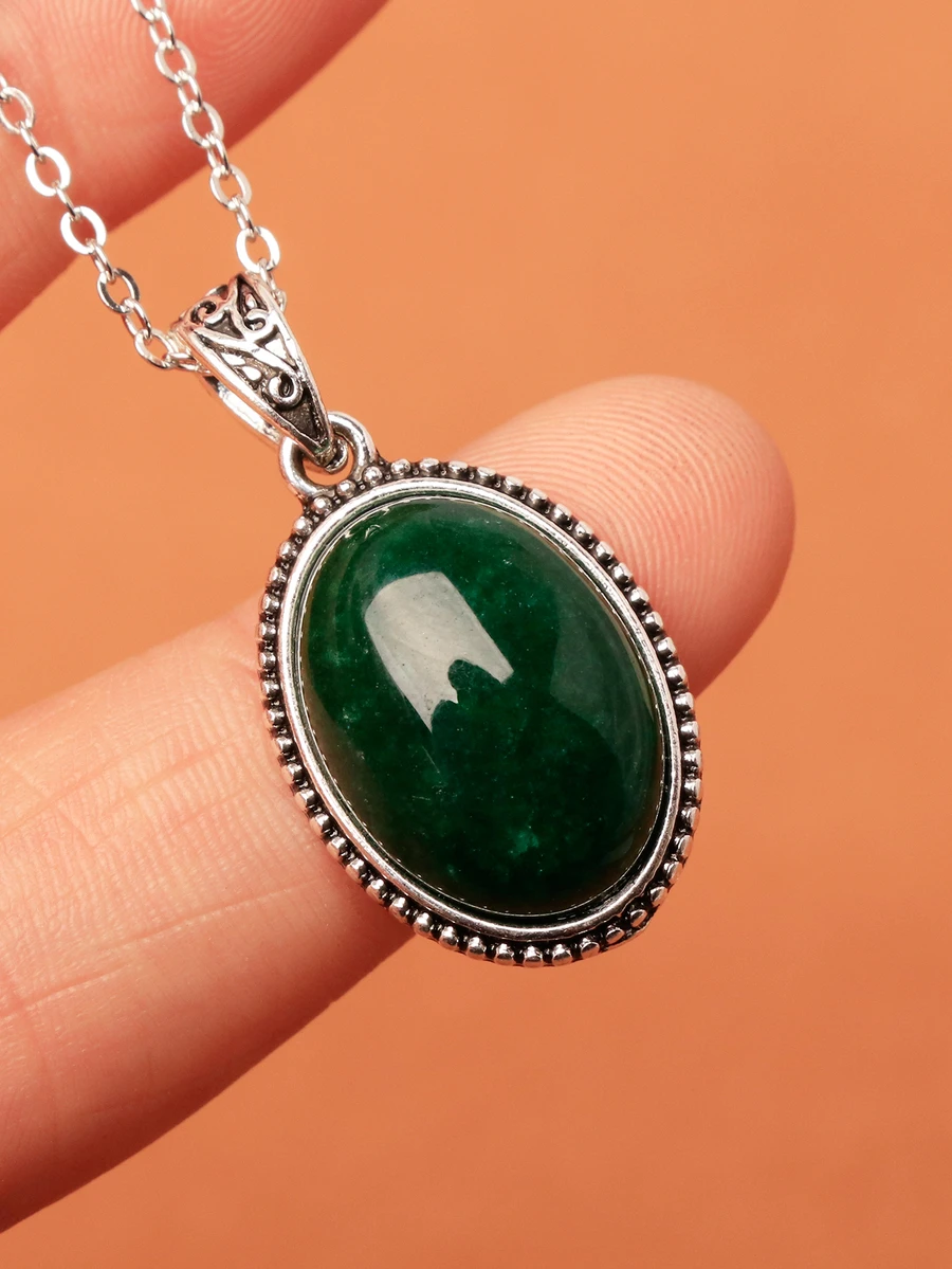 Men Oval Charm Necklace - Green - View 1