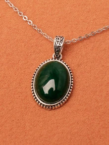 Men Oval Charm Necklace - Green - View 2