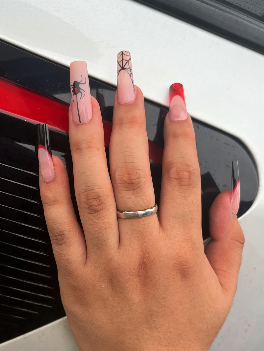 Trở Nên Quyến Rũ Với Hình Vuông Dài In Mạng Nhện Full Cover Bộ Móng Tay Giả Ấn Vào Móng Tay - Nhiều màu - Xem 1