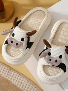 interior casa Sandalias con Zapatillas dibujos animados lindo pequeño vaca lino Zapatillas antideslizante - Beis - Ver 4