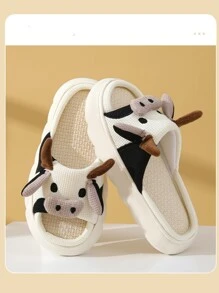 interior casa Sandalias con Zapatillas dibujos animados lindo pequeño vaca lino Zapatillas antideslizante - Beis - Ver 6