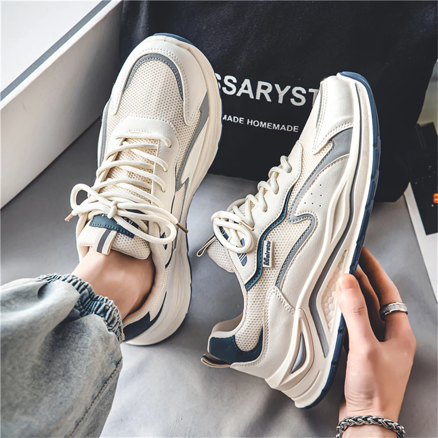 Giày thể thao nam có họa tiết chữ cái thoáng khí có dây buộc, giày thể thao lưới thể thao cho hoạt động ngoài trời - Màu be - Xem 1