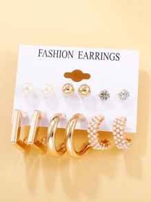 1入組女士金色不銹鋼帶魅力四射水鑽裝飾圓形錶盤石英表和6對耳環,適用於日常生活 - 金色 - 查看 2