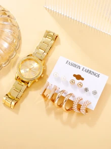 1入組女士金色不銹鋼帶魅力四射水鑽裝飾圓形錶盤石英表和6對耳環,適用於日常生活 - 金色 - 查看 3