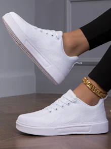 Men Lace Up Skate Shoes, Sporty White Fabric Sneakers For Outdoor - White - View 2