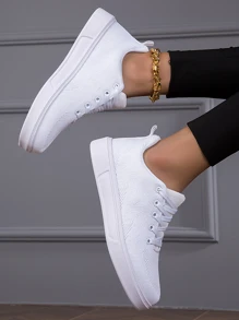 Men Lace Up Skate Shoes, Sporty White Fabric Sneakers For Outdoor - White - View 4