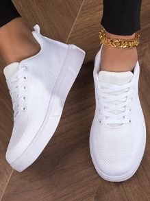 Men Lace Up Skate Shoes, Sporty White Fabric Sneakers For Outdoor - White - View 1