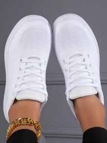Men Lace Up Skate Shoes, Sporty White Fabric Sneakers For Outdoor - White - View 3