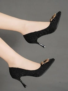 2023 New Arrival Pointed Toe Stiletto High Heels Shoes For Women With Low Vamp, Rhinestone Embellished & Slip-On Design - Black - View 3