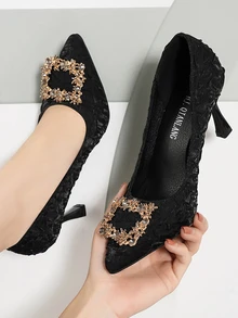 2023 New Arrival Pointed Toe Stiletto High Heels Shoes For Women With Low Vamp, Rhinestone Embellished & Slip-On Design - Black - View 5