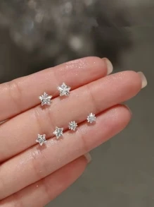 3pairs/6pcs Star & Cubic Zirconia Design Three Piece Jewelry Set - Silver - View 1