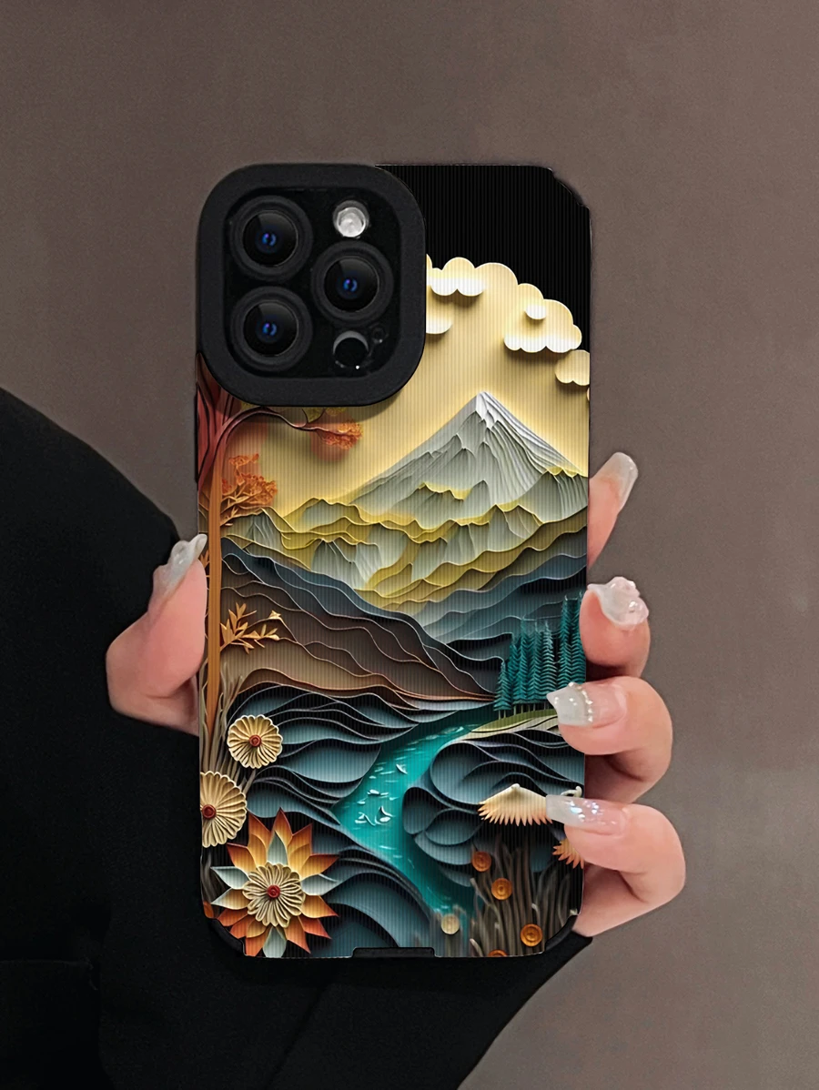 Funda de teléfono antichoque de patrón de paisaje de 1 pieza de PU para verano compatible con Apple iPhone (Nota: El patrón está impreso, no es en 3D) - Multicolor - Ver 1