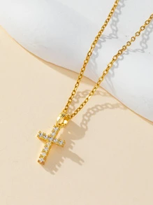 1pc Delicate Stainless Steel Full Cubic Zirconia Cross Pendant Necklace For Women