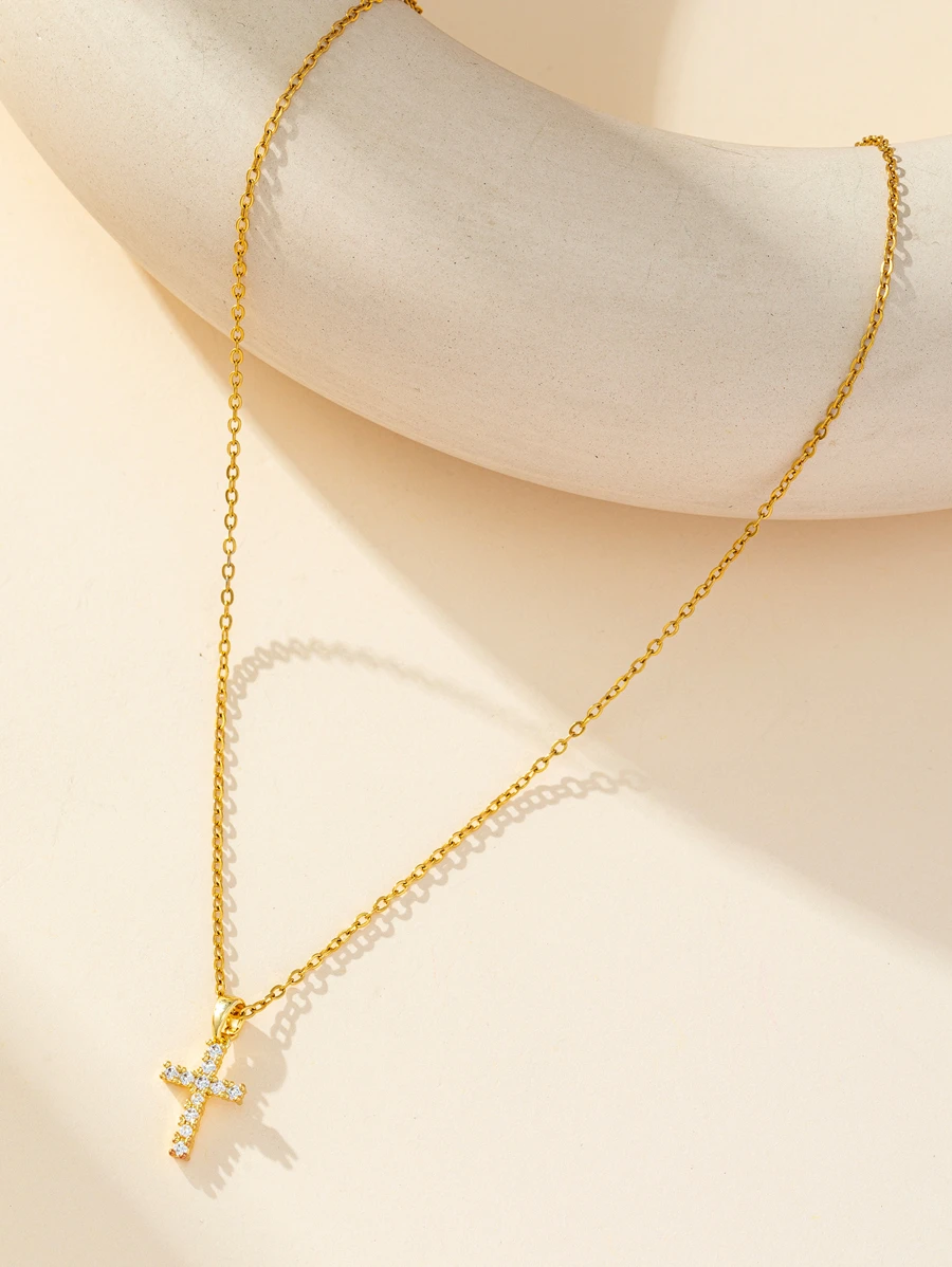 1pc Delicate Stainless Steel Full Cubic Zirconia Cross Pendant Necklace For Women