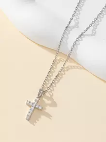 1pc Delicate Stainless Steel Full Cubic Zirconia Cross Pendant Necklace For Women