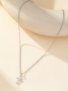 1pc Delicate Stainless Steel Full Cubic Zirconia Cross Pendant Necklace For Women