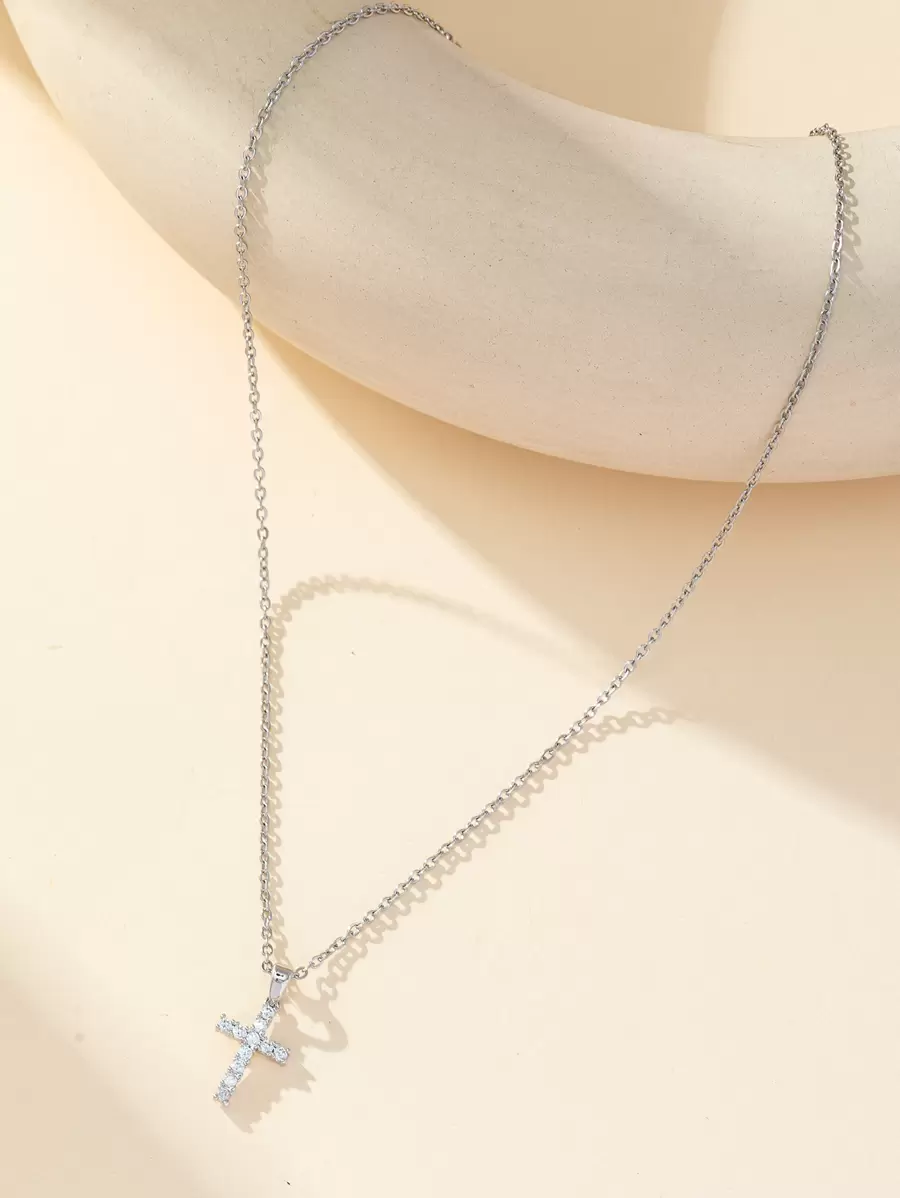 1pc Delicate Stainless Steel Full Cubic Zirconia Cross Pendant Necklace For Women