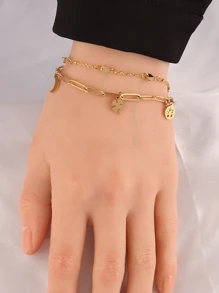 不銹鋼手環適合女士波西米亞雙層手鏈首飾類禮品 - 金黃色 - 查看 3