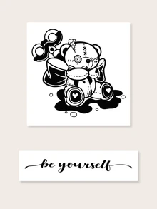 2 hojas Pegatina tatuaje con estampado de oso de dibujos animados y letra - Negro - Ver 4