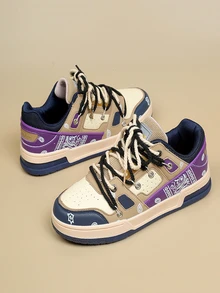 男士字母貼飾渦紋圖案繫帶運動鞋,運動戶外板鞋 - 卡其色 - 查看 3