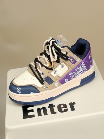 男士字母貼飾渦紋圖案繫帶運動鞋,運動戶外板鞋