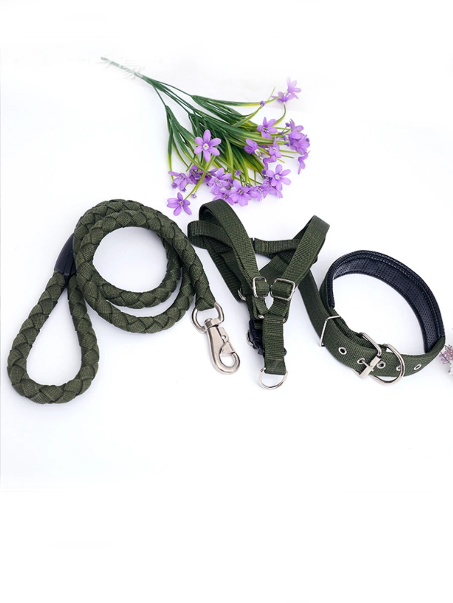 1 bộ dây đai, dây xích và cổ áo có thể điều chỉnh cho thú cưng - xanh quân đội - Xem 1