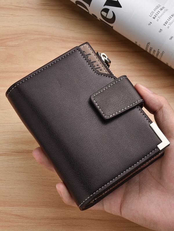 SHABILI Billetera corta para hombres, de moda y ultra delgada, con múltiples tarjeteros, con cierre a presión, de piel suave, billetera vertical para negocios para hombres