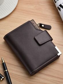 SHABILI 男士短款钱包时尚超薄多卡位青年按扣竖款商务软皮钱包男士钱夹钱包男式钱包真皮 - 巧克力棕 - 查看 2