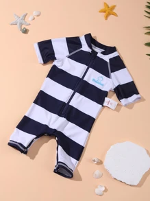 男嬰條紋印花前拉鍊連體泳衣 - 藍白色 - 查看 1