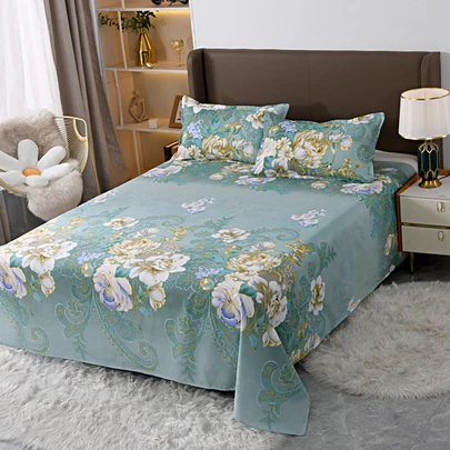 Bộ ga trải giường in hoa 3 món (không bao gồm ruột chăn, có vỏ gối), chất liệu 100% polyester, có thể giặt, mềm mại và bền, phù hợp cho phòng ngủ hoặc phòng khách, phong cách tối giản hiện đại.