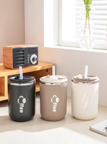 1pc Stainless Steel Insulated Cup With Letter Print - Khaki - View 8