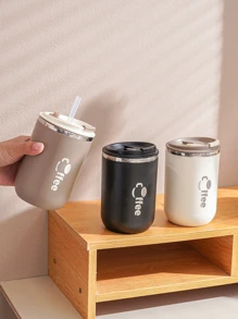 1pc Stainless Steel Insulated Cup With Letter Print - Khaki - View 3