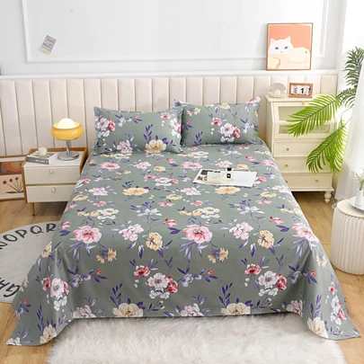 三件套花卉印花床上用品（不含枕芯，含枕套），家居床上用品，100% 涤纶面料，可水洗，柔软耐用，适合卧室或客房，现代简约家居床上用品。