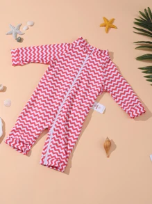 嬰兒鋸齒形印花前拉鍊連體泳衣 - 玫紅色 - 查看 1