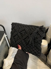 黑色流蘇裝飾手拿包沙灘包 - 黑色 - 查看 5