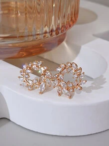 1pair Glittering Cz Inlaid Rotating Leaf Shaped Stud Earrings For Women's Party Accessories Gift - Multicolor - View 6