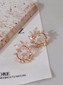 1pair Glittering Cz Inlaid Rotating Leaf Shaped Stud Earrings For Women's Party Accessories Gift - Multicolor - View 5
