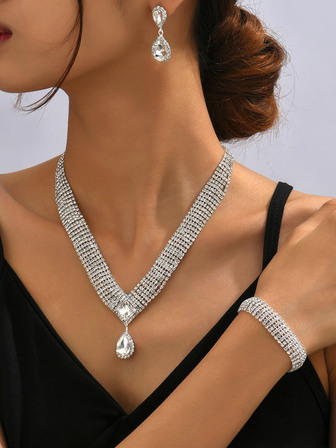 4 piezas Collar con diseño de diamante de imitación nupcial con pendientes con pulsera