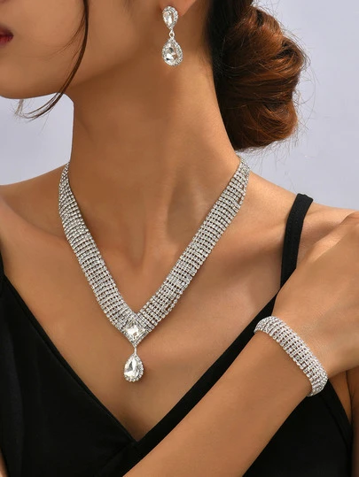 4入組水鑽裝飾婚禮項鍊和耳飾和手鐲