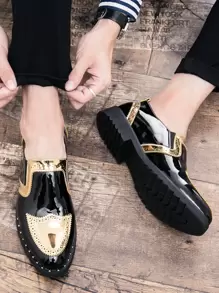 Gold-Tone New Men Lace-Up Leather Dress Shoes, Black Color Formal Business Casual Shoes For Groom, Groomsmen, Wedding Event, Shiny Surface, Carved Pattern, Stylish - Black - View 5