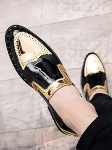 Gold-Tone New Men Lace-Up Leather Dress Shoes, Black Color Formal Business Casual Shoes For Groom, Groomsmen, Wedding Event, Shiny Surface, Carved Pattern, Stylish - Black - View 3