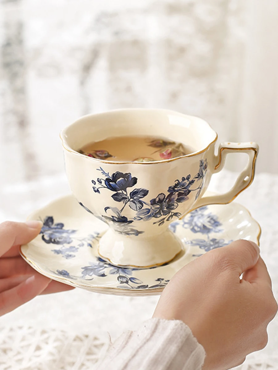 chenguang 1pc Flower Pattern Tea Cup & 1pc Tray, Modern Flower & Branch Print Tea Cup & Coaster For Home - Multicolor - View 1