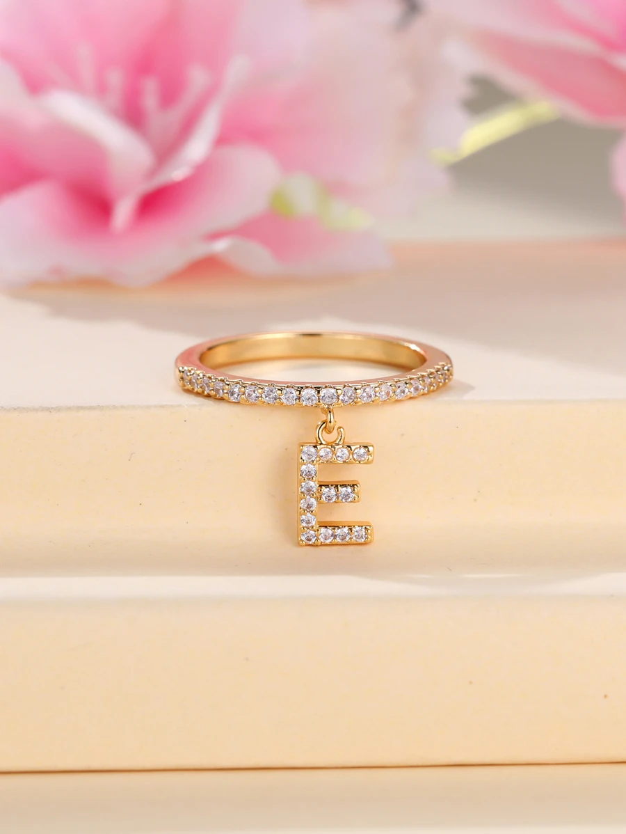 1入組極簡字母吊墜戒指，26入組英文字母A-Z首字母戒指，送朋友簡單字母戒指 - 金黃色 - 查看 1