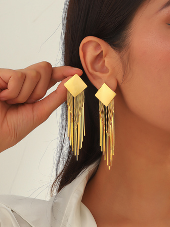 1對時尚銅方形金屬和鏈條流蘇耳墜適合女士適用於裝飾用品