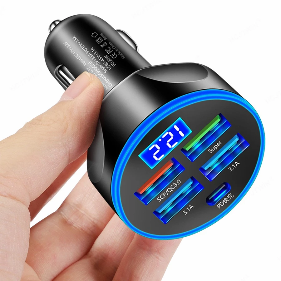 Bộ sạc, Bộ sạc ô tô, Màn hình kỹ thuật số, 5 cổng sạc, 1 kéo 5, Hỗ trợ sạc nhanh, Sạc nhanh điện thoại di động, Ổn định nhiệt độ, 1pc - màu đen - Xem 1