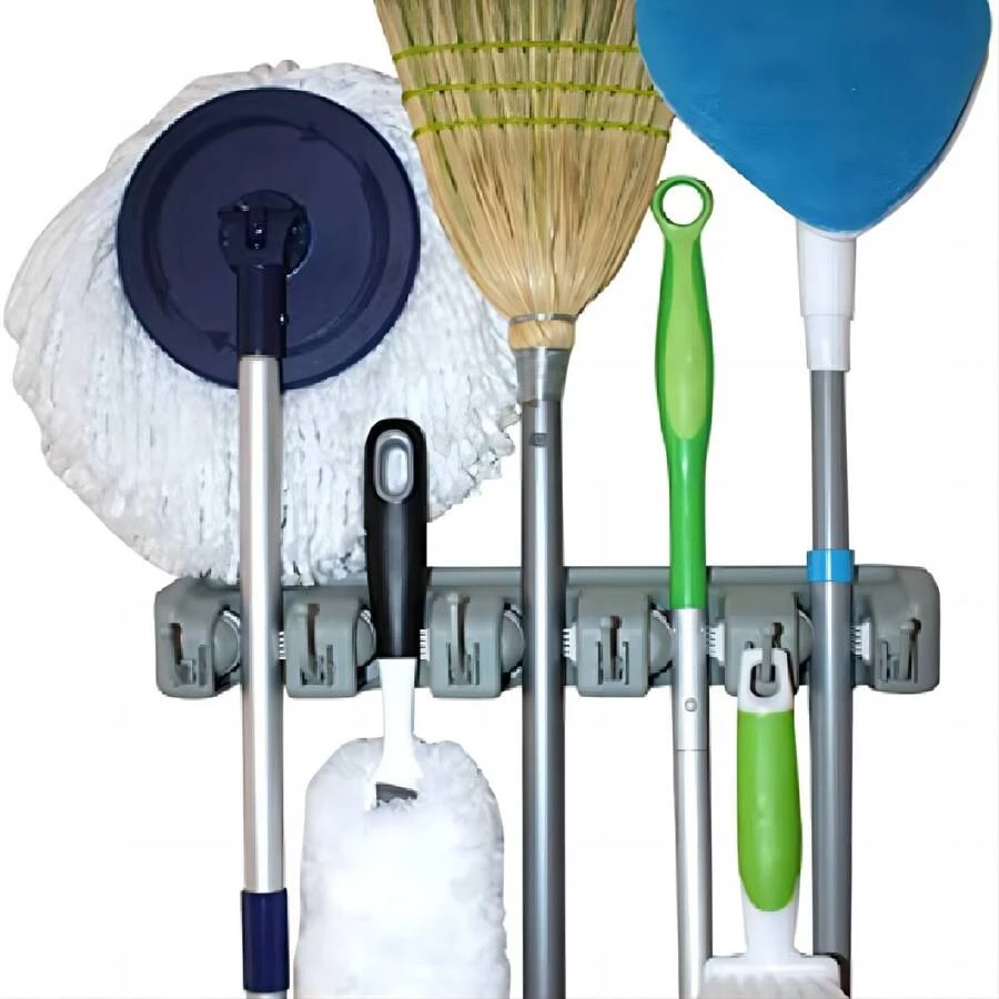 organizador de escobas, 5 ranuras percha de escoba soporte para fregona colgante herramienta de colgador de fregona - Gris - Ver 1