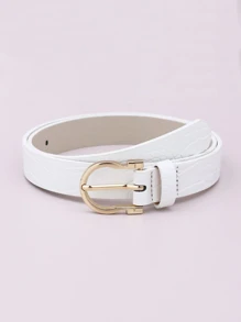 1 cinturón de poliuretano blanco para mujer con patrón de piel de cocodrilo, patrón de piedra, hebilla dorada y adornos, adecuado para uso diario, 1 pieza - Blanco - Ver 1