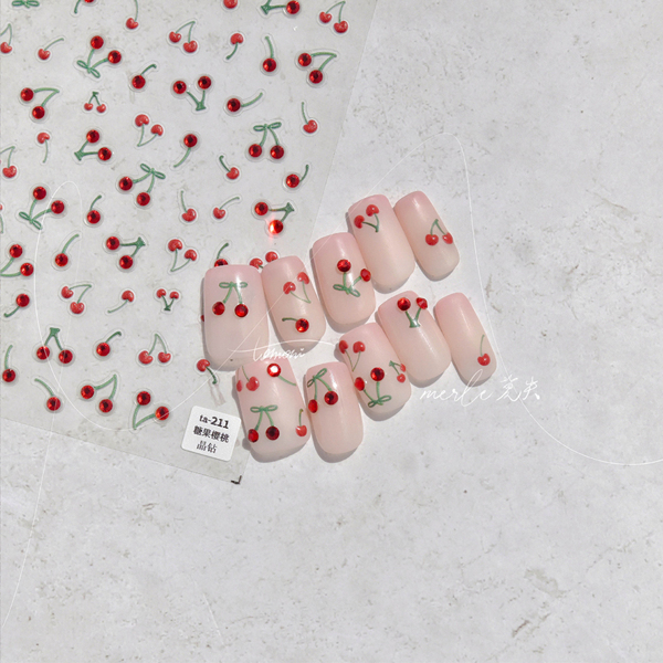 1 Folha Adesivo de Unha de Cereja e Diamante para Designs de Manicure