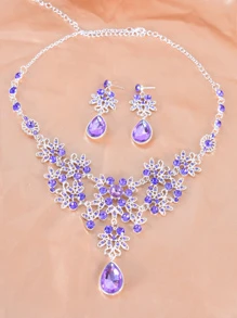 1 Vòng Cổ & 1 Đôi Bông Tai Thủy Tinh Sang Trọng Đá Quý Trắng Giọt Nước Cô Dâu Bộ Trang Sức - Màu tím hoa cà - Xem 2