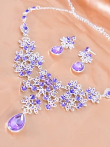1 Vòng Cổ & 1 Đôi Bông Tai Thủy Tinh Sang Trọng Đá Quý Trắng Giọt Nước Cô Dâu Bộ Trang Sức - Màu tím hoa cà - Xem 5